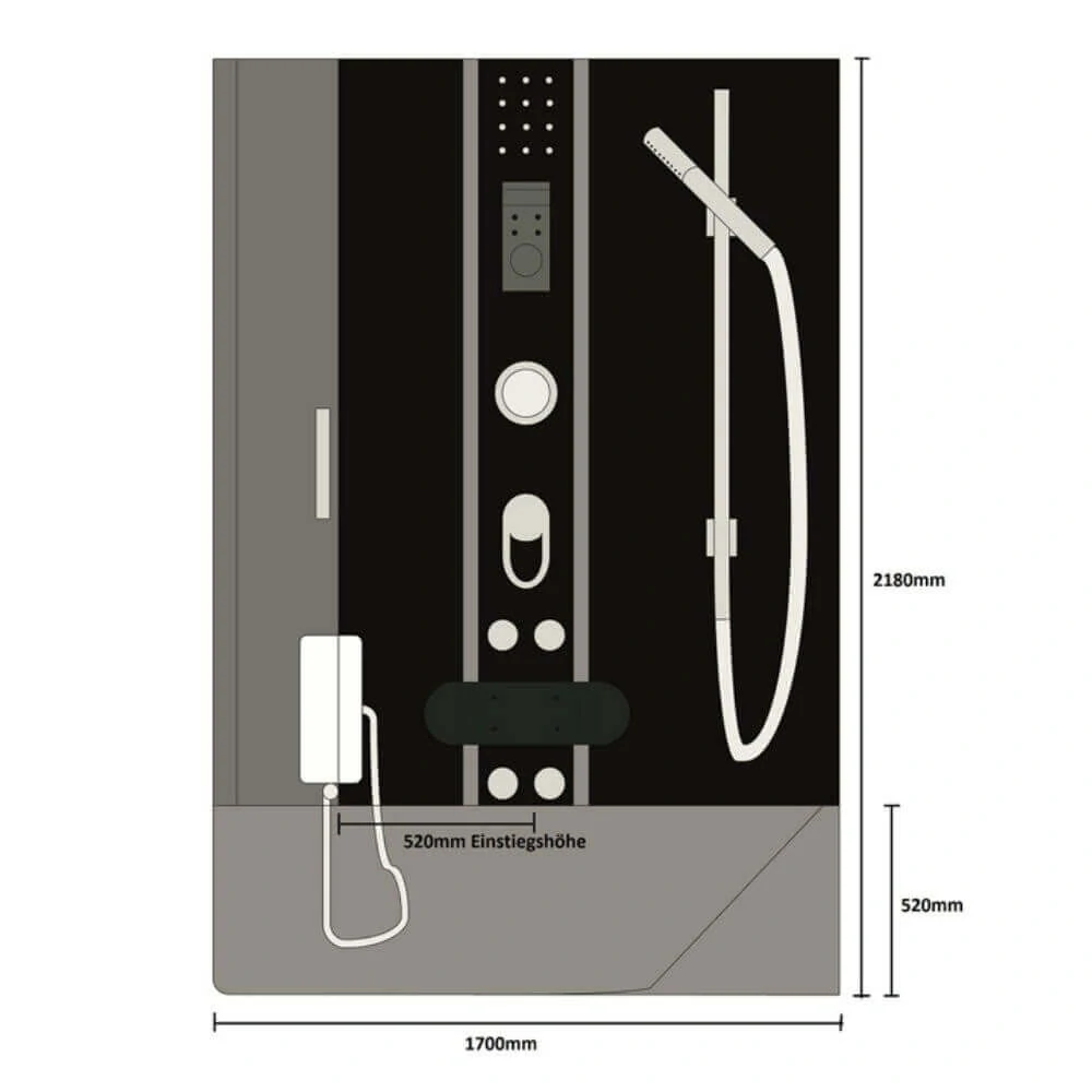 Masážní box s vanou 2v1 - 170x90cm černá, levé provedení