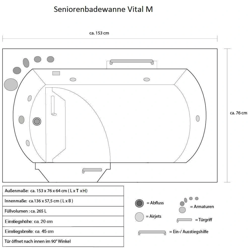 Sedací masážní vířivá vana Vital M - 153x76 cm, levé provedení