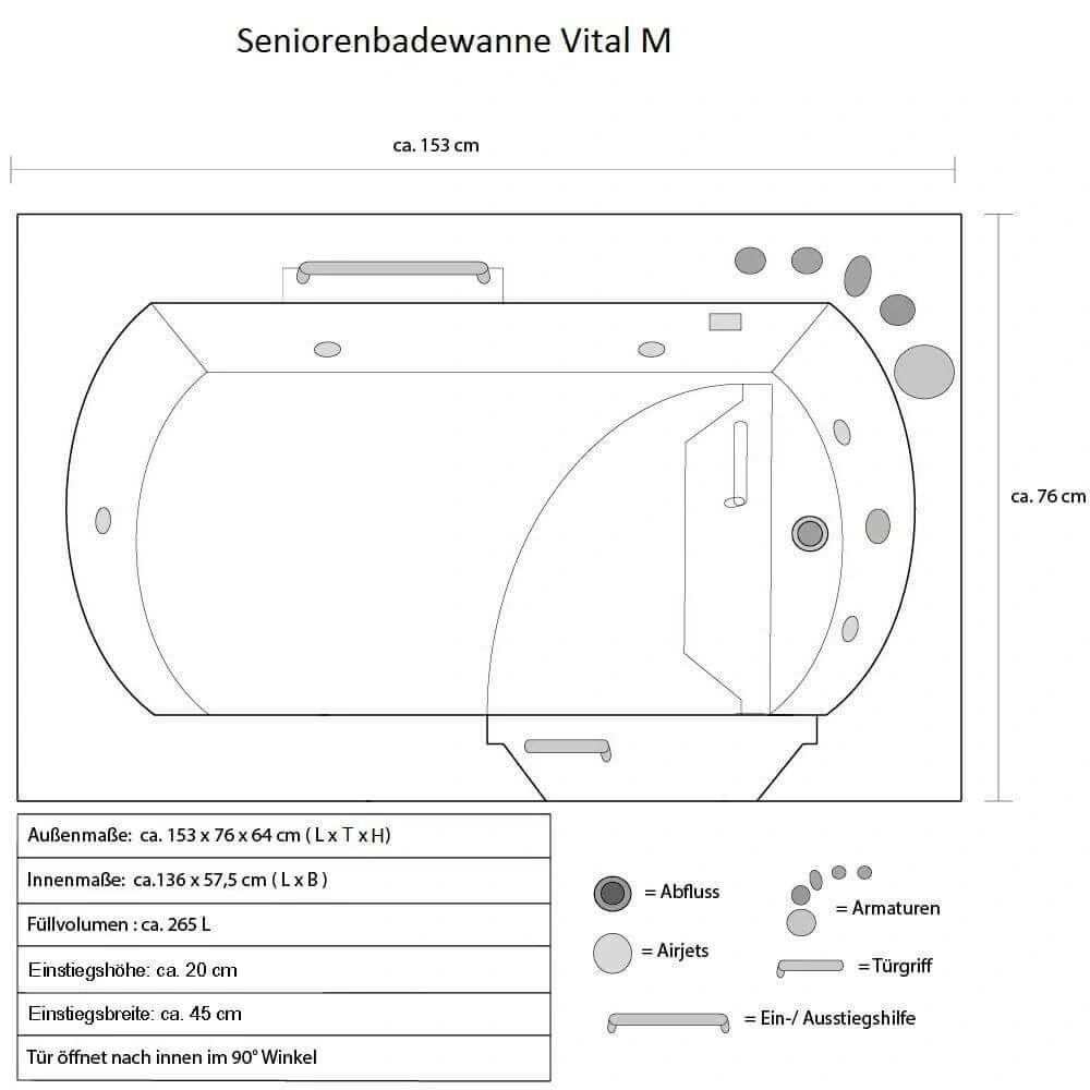 Sedací masážní vířivá vana Vital M - 153x76 cm, pravé provedení